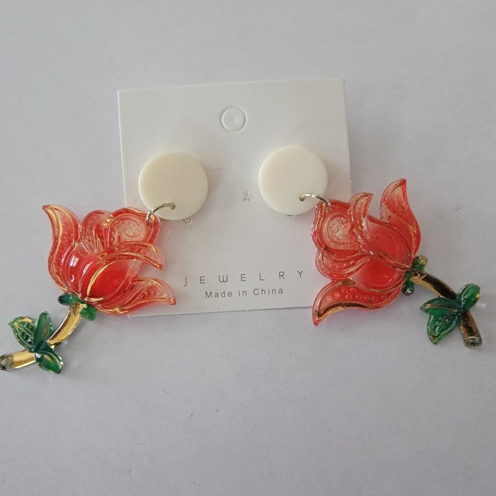 Lovely 3" Dangling Red Flower Earrings Post Stud
